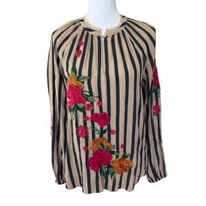 Akemi + Kin Anthropologie Striped Floral Embroidered Blouse Tan Black Size M